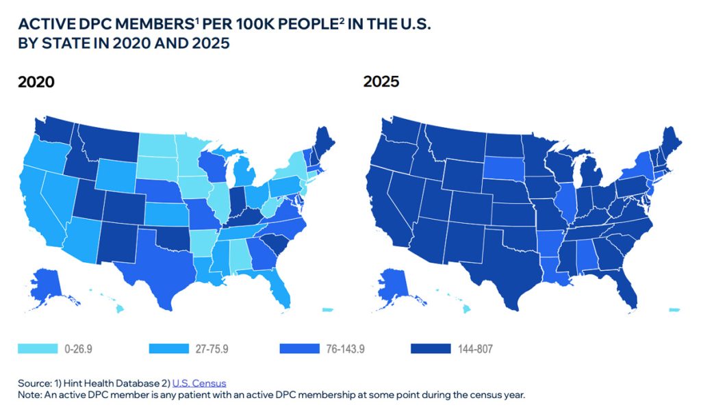 Active DPC Members per 100K people in the US by State comparing 2025 and 2025